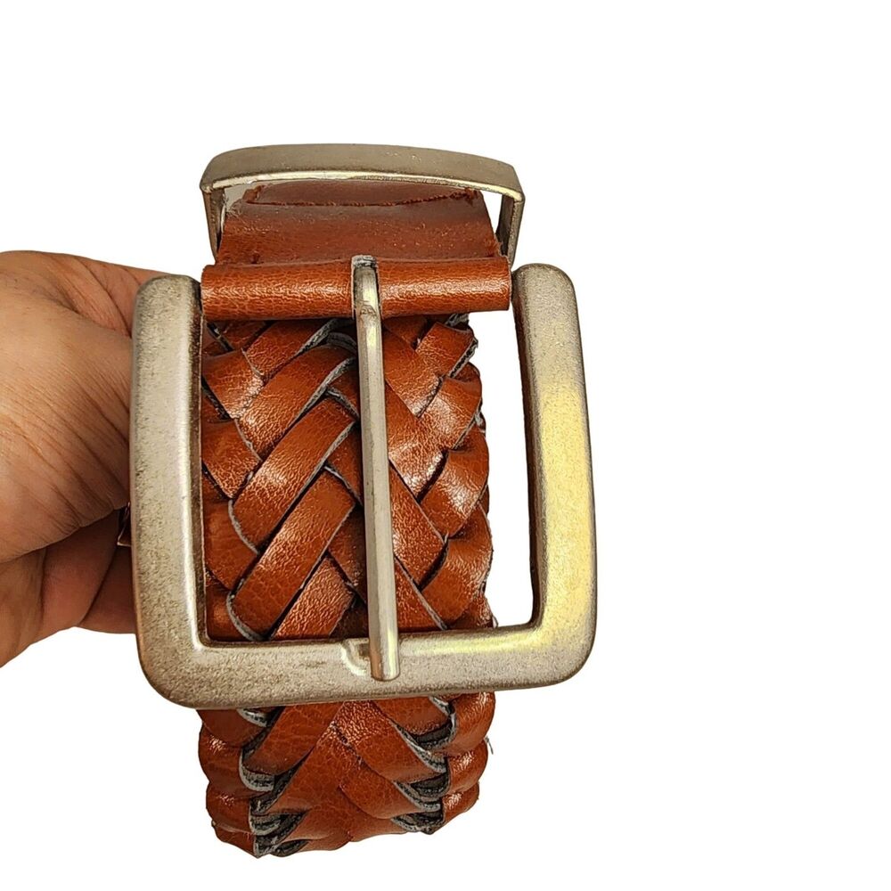 #7612 Braided Brown Leather Belt Silver tone buckle Size 34